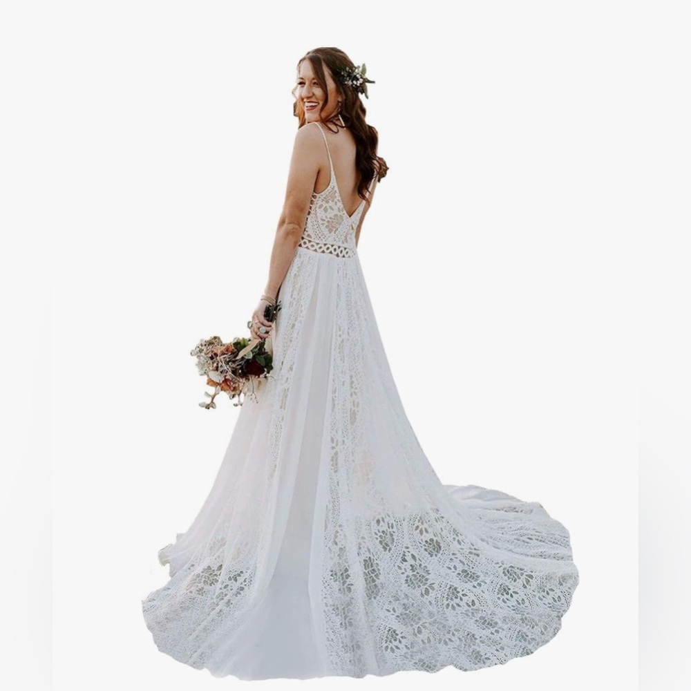 LIPOSA Boho Lace for Bride Spaghetti Strap Sweetheart A Line Courthouse Bridal